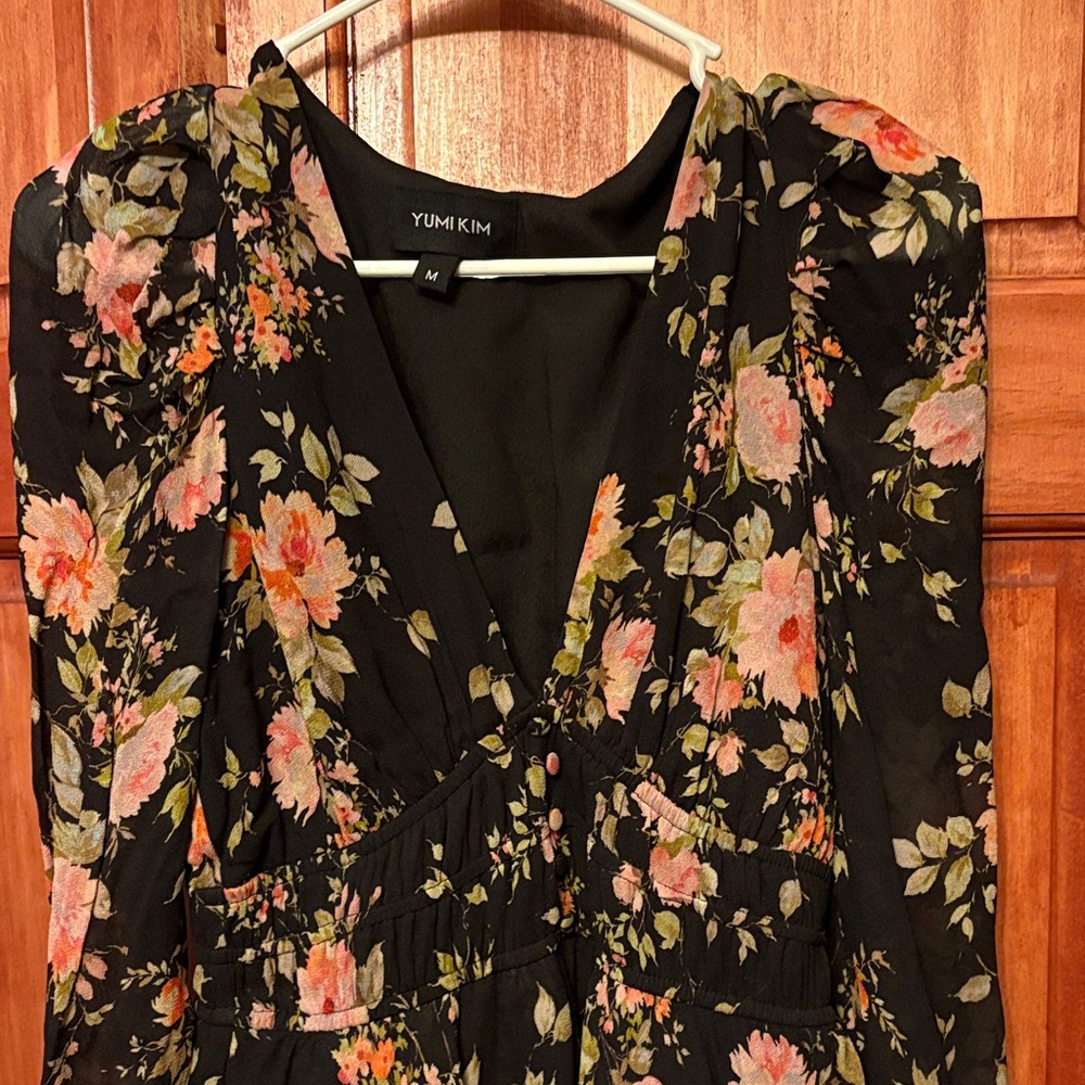 Yumi Kim Black Floral Puff-Sleeve Midi Dress